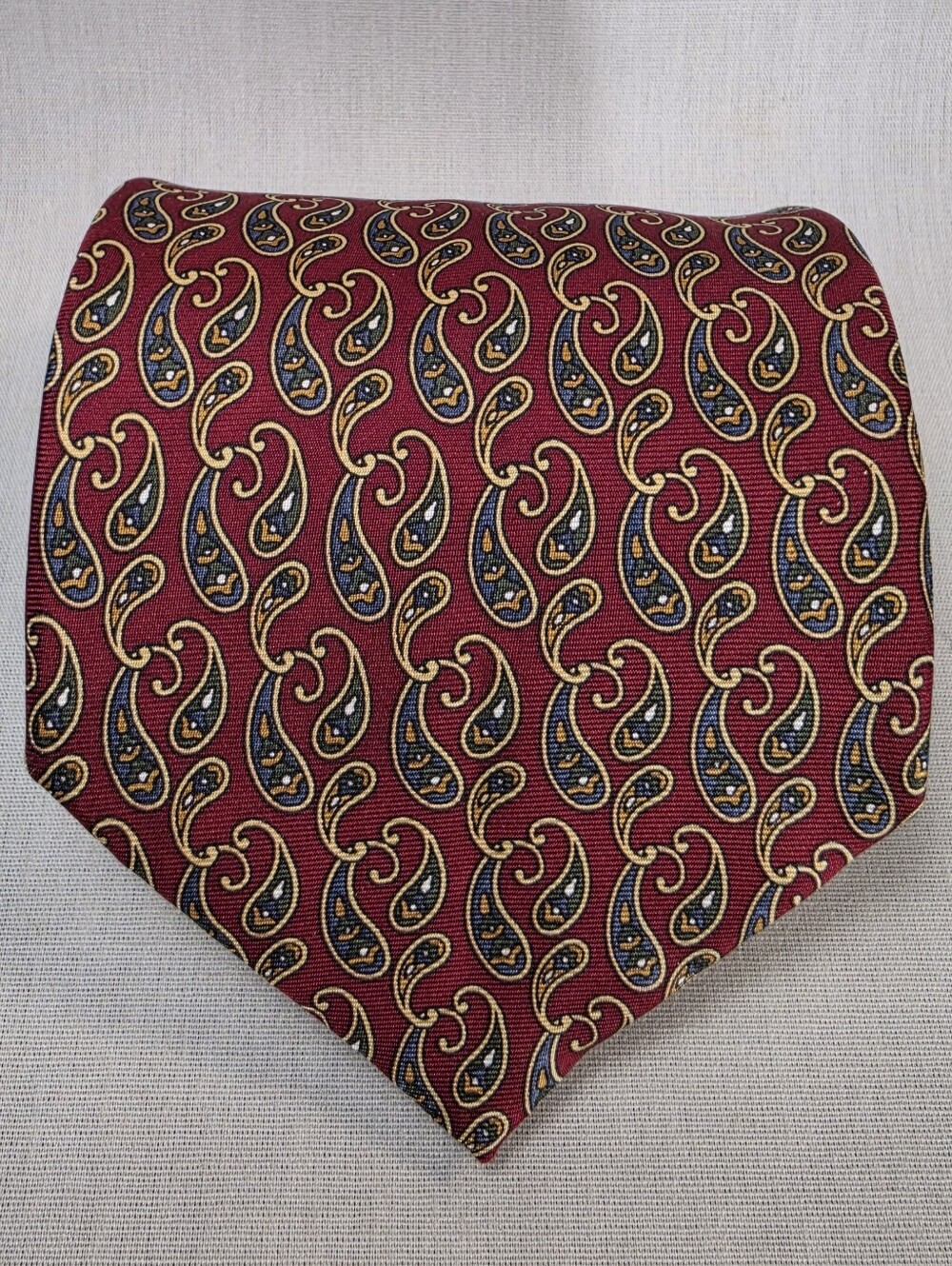 Men's Red Paisley Silk Tie with Navy and Gold Accents By Stanley Blacker